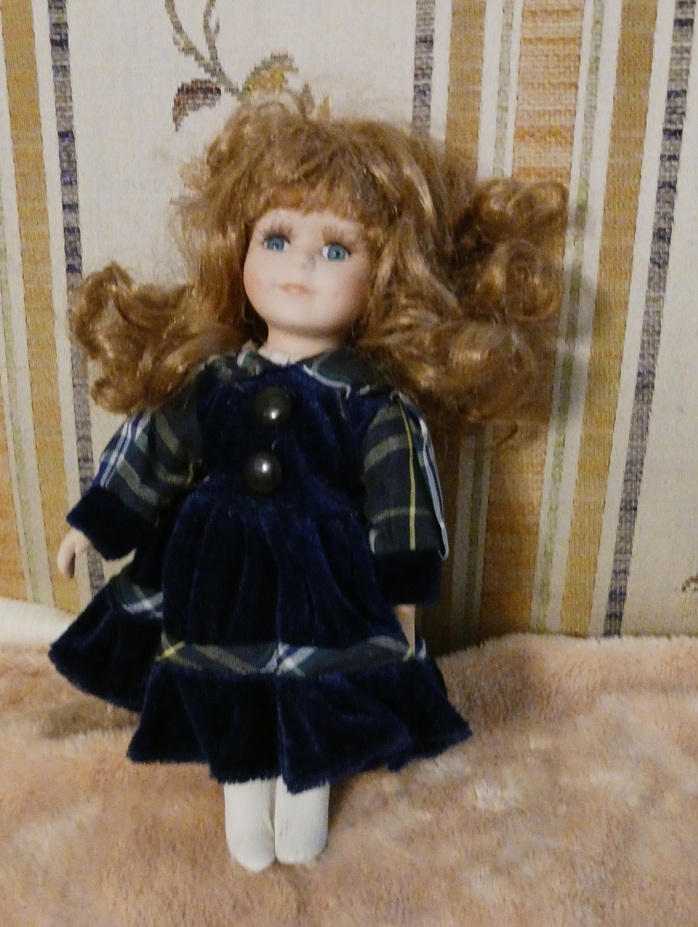 Source Unknown Porcelain Doll with Navy Blue Velvet Dress and Plaid Accents